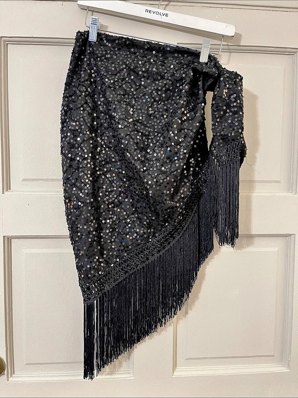 Revolve Sequin Fringe Asymmetrical Skirt in Black XS